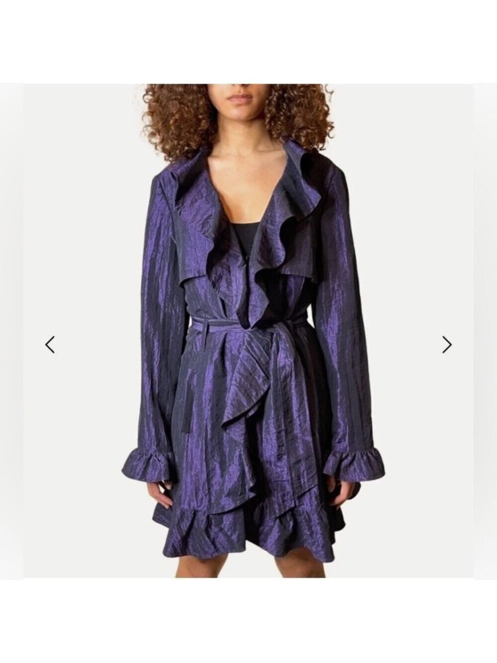Vintage 90s Joseph Ribkoff Purple Crushed Satin Ruffle Trim Jacket Belted Sz 6